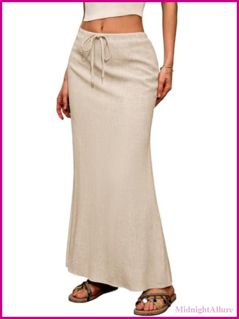 Linen Blend Maxi Skirt With Back Slit - Elastic Waist Drawstring Long Flowy